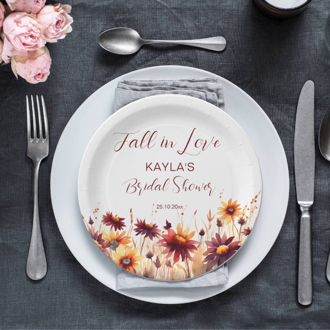 Fall in love burgundy orange dahlias bridal shower paper plate (Fall in love bridal shower tableware burgundy dahlias sunflowers personalized paper plates autumn)