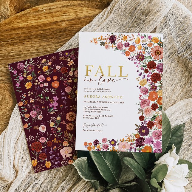 Fall in Love Burgundy Orange Floral Bridal Shower Invitation (Creator Uploaded)