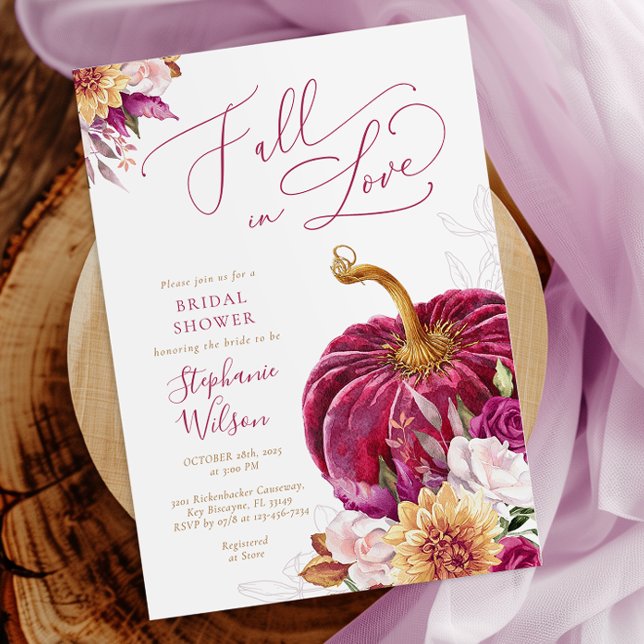 Fall in Love Burgundy Pumpkin Bridal Shower Invitation (Creator Uploaded)