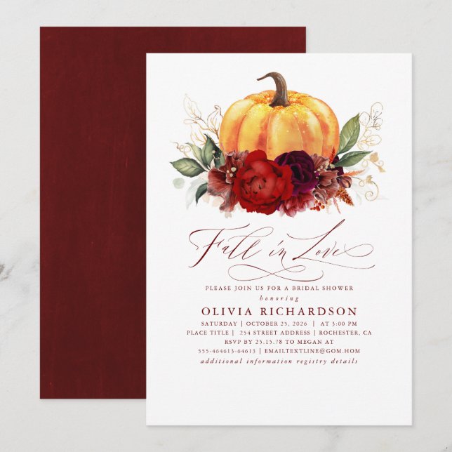 Fall in Love Burgundy Red Bridal Shower Invitation (Front/Back)