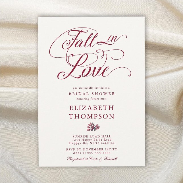 Fall in Love Burgundy Romantic Leaf Bridal Shower Invitation (fall in love bridal shower invitation burgundy autumn leaves romantic calligraphy elegant boho chic)