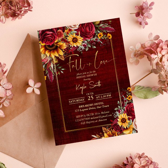 Fall in love burgundy roses sunflowers bridal invitation (Fall in love burgundy roses sunflower bridal shower invitation template autumn themed bridal shower)