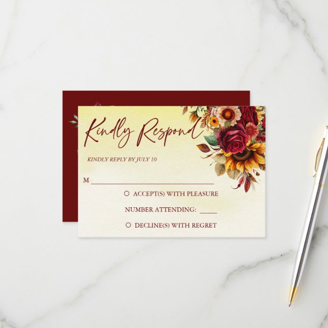 Fall in love burgundy roses sunflowers wedding RSVP card (Front/Back In Situ)