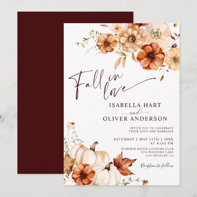 Fall In Love Burgundy Rust Boho Wedding invitation (Front/Back)