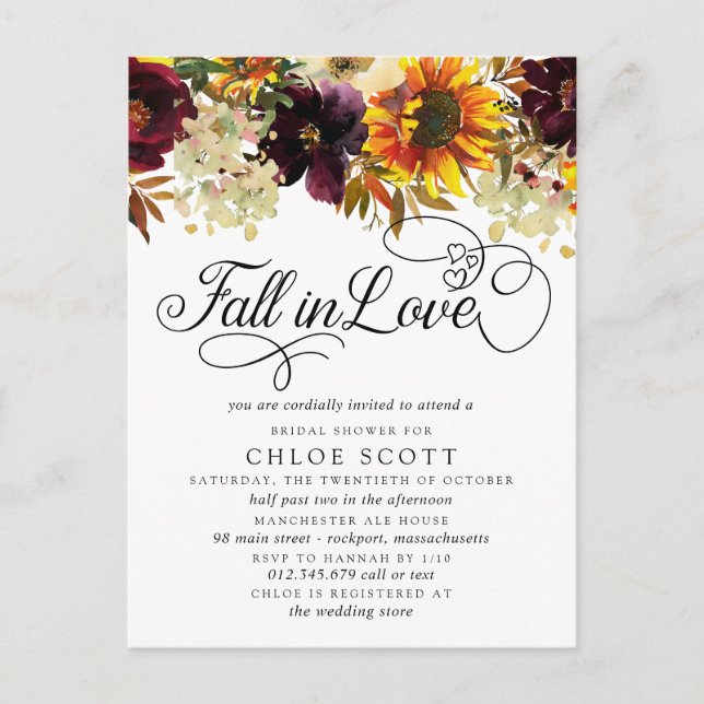 Fall in Love Burgundy Sunflower Bridal Shower Postcard (Front)