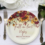 Fall in love burgundy sunflowers bridal shower paper plate<br><div class="desc">Fall in love Burgundy roses yellow sunflowers autumn foliage yellow ombre background floral bridal shower personalised paper plates</div>