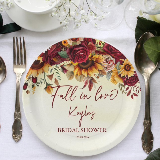 Fall in love burgundy sunflowers bridal shower paper plate (Fall in love bridal shower personalized plates burgundy roses sunflowers fall autumn themed shower)