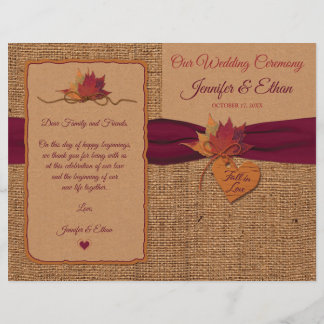 Fall in Love Burlap, Leaves Folded Wedding Program
