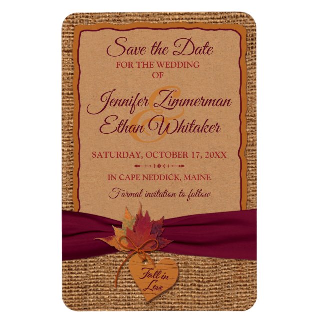 Fall in Love Burlap, Leaves Save the Date (Large) Magnet (Vertical)