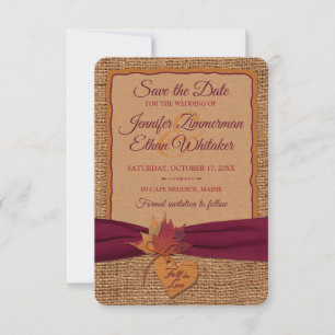 Fall in Love Burlap, Leaves Save the Date (small)