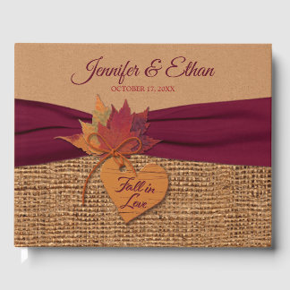 Fall in Love Burlap, Leaves Wedding Guest Book