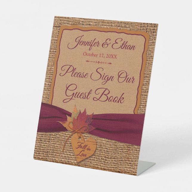 Fall in Love Burlap, Leaves Wedding Pedestal Sign (Front)