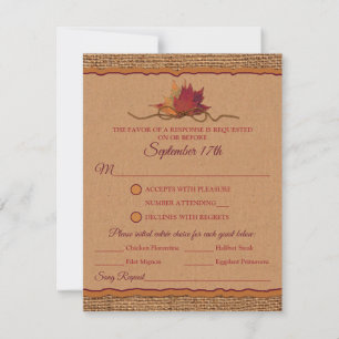 Fall in Love Burlap, Leaves Wedding RSVP with Meal Card