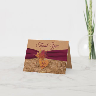 Fall in Love Burlap, Leaves Wedding Thank You Card