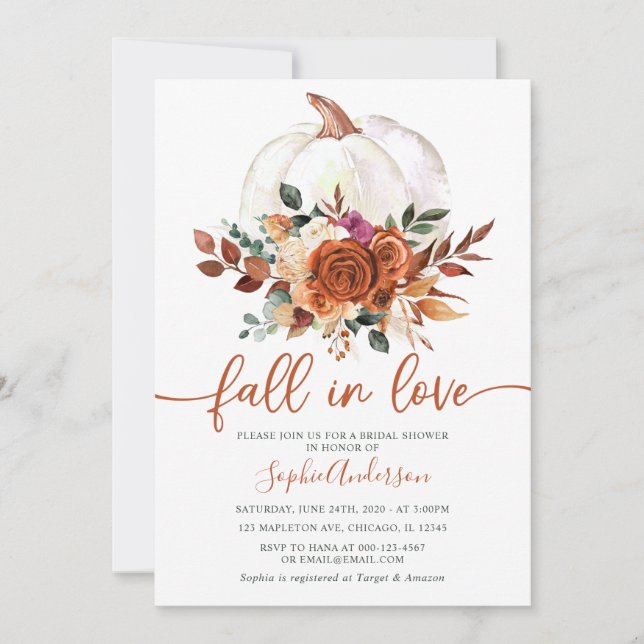 Fall in Love Burnt Orange Floral Bridal Shower Invitation (Front)