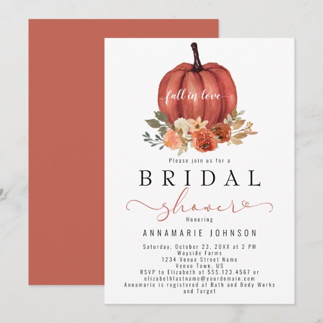 Fall in Love Burnt Orange Peach Pumpkin Floral Invitation (Front/Back)