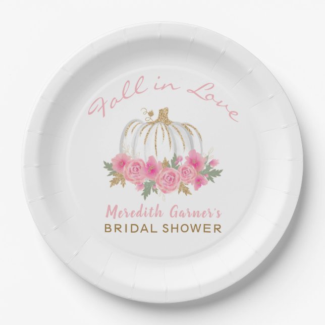 Fall in Love Chic Glitter Autumn Bridal Shower Paper Plate (Front)