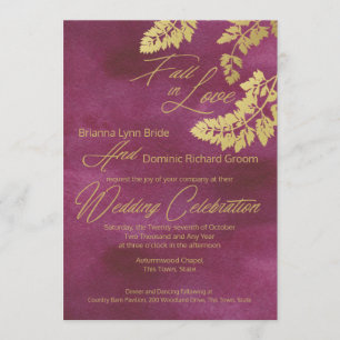 Fall in Love Cranberry and Gold Leaves Wedding Invitation