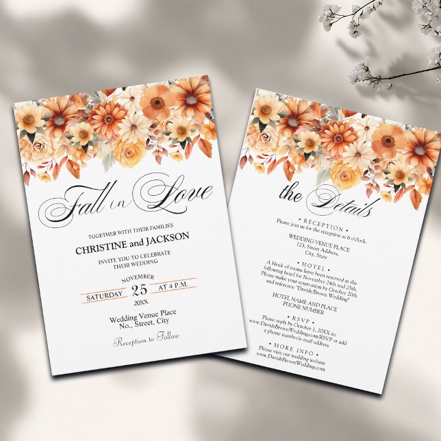 Fall in Love Details on Back Boho Floral Wedding Invitation (Creator Uploaded)