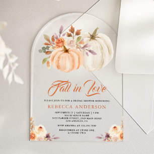 Fall in Love Earthy Floral Pumpkin Bridal Shower Acrylic Invitations