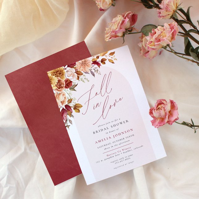 Fall in Love Elegant Floral Bridal Shower Invitation (Fall in Love floral bridal shower invitation, watercolor flower corner border, script, modern)