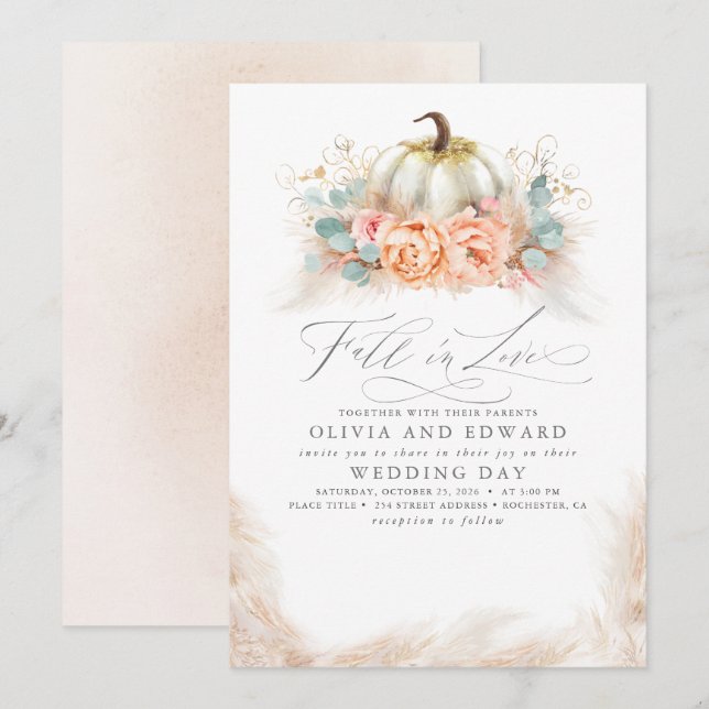 Fall in Love Elegant Orange Floral Pumpkin Wedding Invitation (Front/Back)