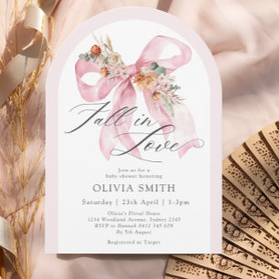 Fall in Love Elegant Pink Bow Floral Baby Shower Invitation