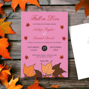 Fall in Love Elegant Pink Leaves Fall Wedding Invitation