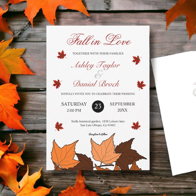 Fall in Love Elegant Romantic Leaves Fall Wedding Invitation (Creator Uploaded)