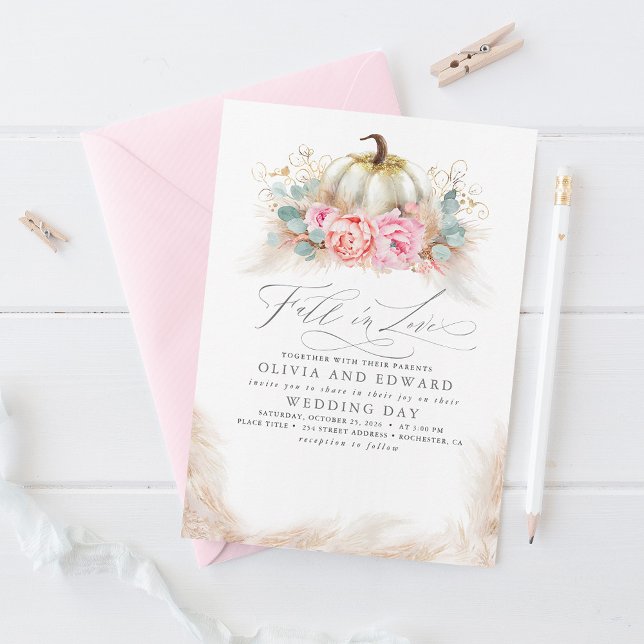 Fall in Love Elegant Wedding Pink Flowers Pumpkin Invitation (Creator Uploaded)