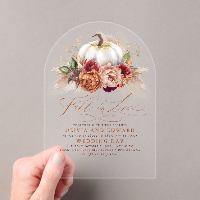 Fall in Love Elegant Wedding Rust Flowers Pumpkin Acrylic Invitations (Insitu (Handheld))