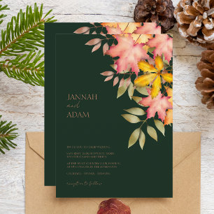 Fall in Love Emerald Green Fall Leaves Wedding Invitation