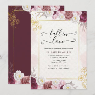 Fall in Love Fall Floral Burgundy Bridal Shower Invitation