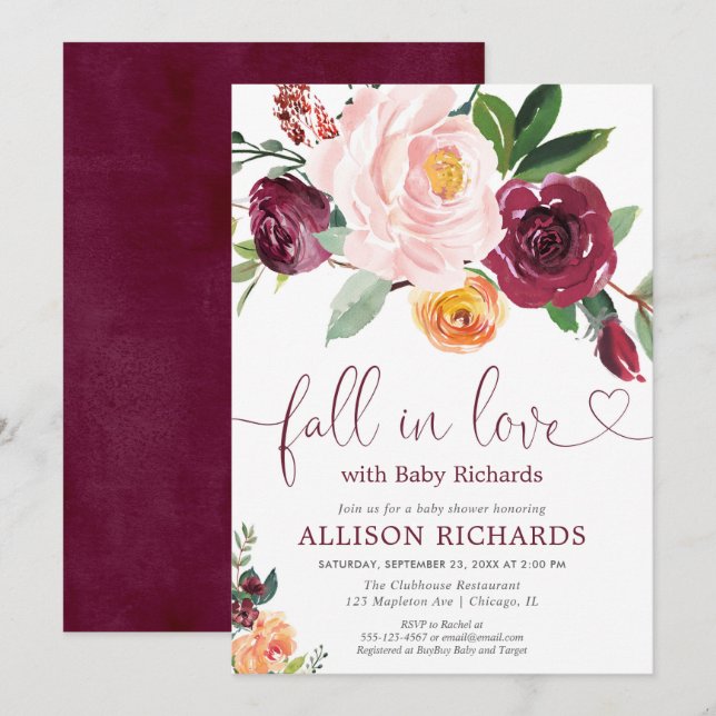Fall in love fall floral burgundy girl baby shower invitation (Front/Back)