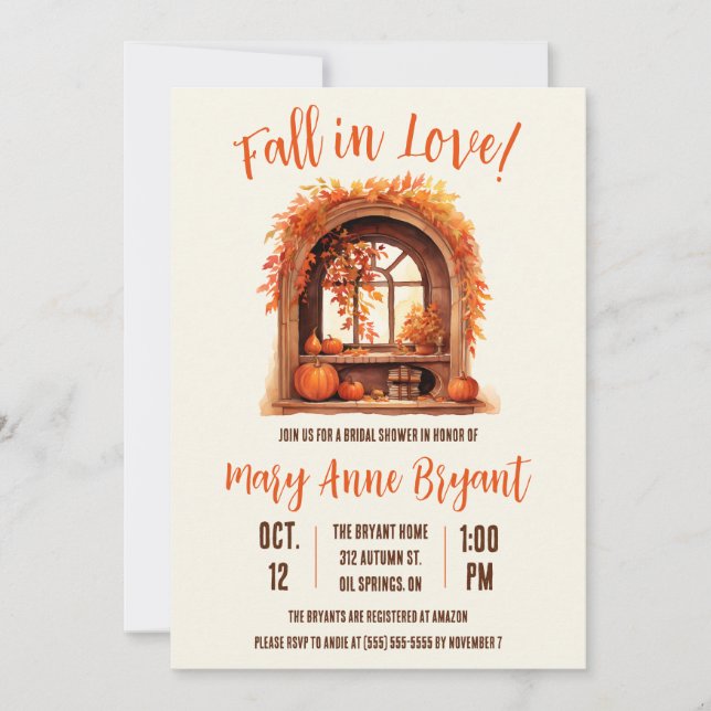 Fall in Love, Fall Leaves, Autumn, Bridal Shower Invitation (Front)