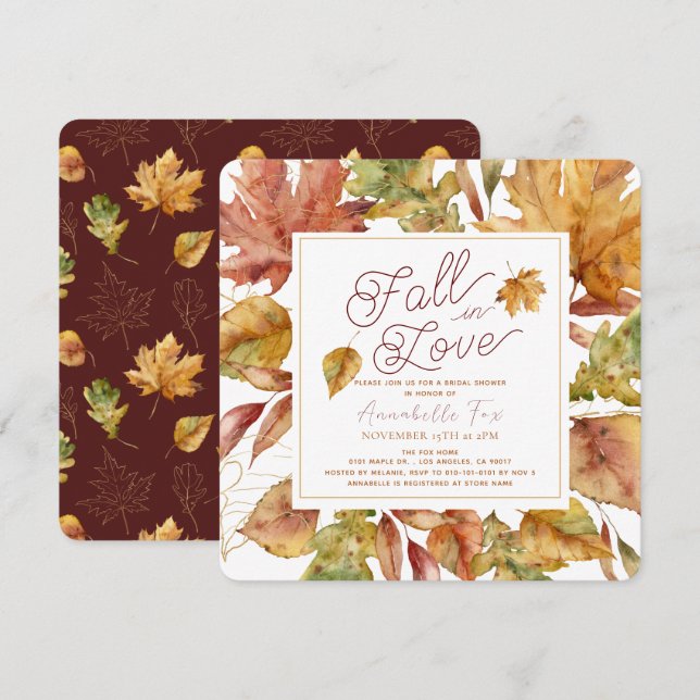Fall in Love Fall Leaves Bridal Shower Invitation (Front/Back)