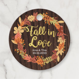 Fall in love favour tag. Wreath rustic wood gold Tags
