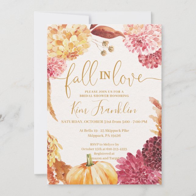 Fall in Love Floral and Gold Bridal Shower Invitat Invitation (Front)