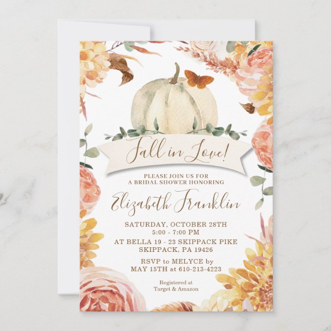 Fall in Love Floral and Pumpkin Bridal Shower  Inv Invitation (Front)