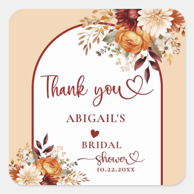 FALL IN LOVE FLORAL ARCH BRIDAL SHOWER SQUARE STICKER (Front)