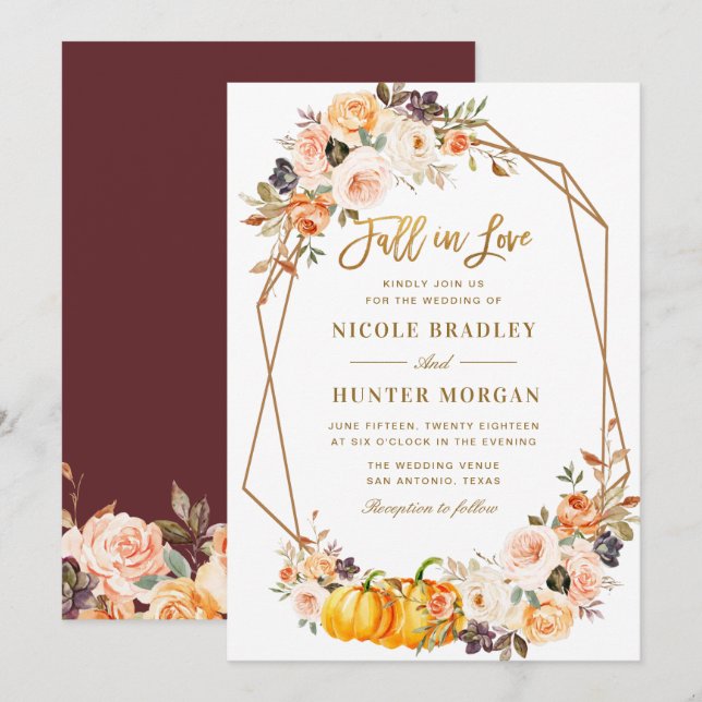fall in love, floral geometric wedding invitation (Front/Back)