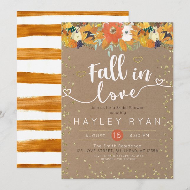 Fall in Love Floral Leaves Pumpkin Bridal shower Invitation (Front/Back)