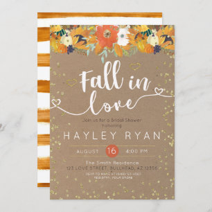 Fall in Love Floral Leaves Pumpkin Bridal shower Invitation