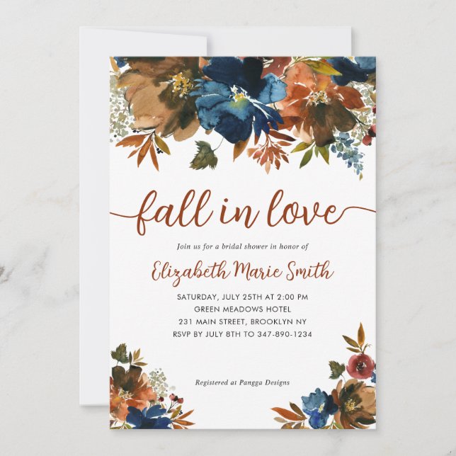 Fall in Love Floral Navy Blue Brown Bridal Shower Invitation (Front)