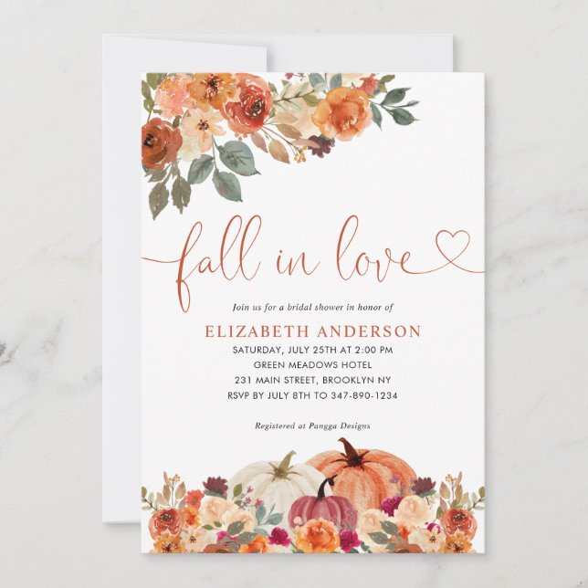 Fall in Love Floral Orange Pumpkin Bridal Shower Invitation (Front)