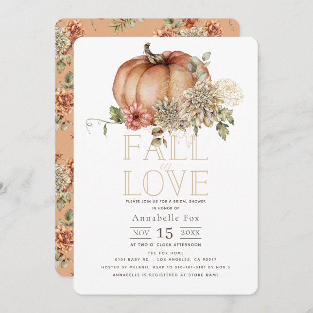 Fall in Love Floral Orange Pumpkin Bridal Shower Invitation (Front/Back)