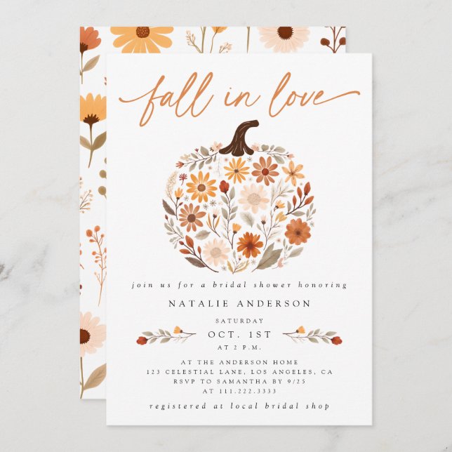 Fall in Love Floral Pumpkin Bridal Shower Invitation (Front/Back)