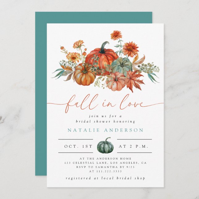 Fall in Love Floral Pumpkin Bridal Shower Invitation (Front/Back)