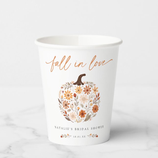 Fall in Love Floral Pumpkin Bridal Shower Paper Cups (Left)