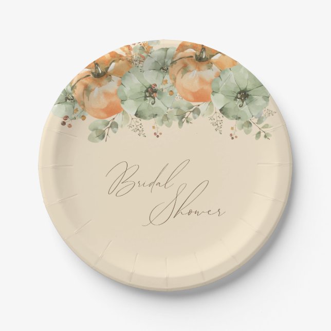 Fall in Love Floral Pumpkin Bridal Shower Paper Plate (Front)